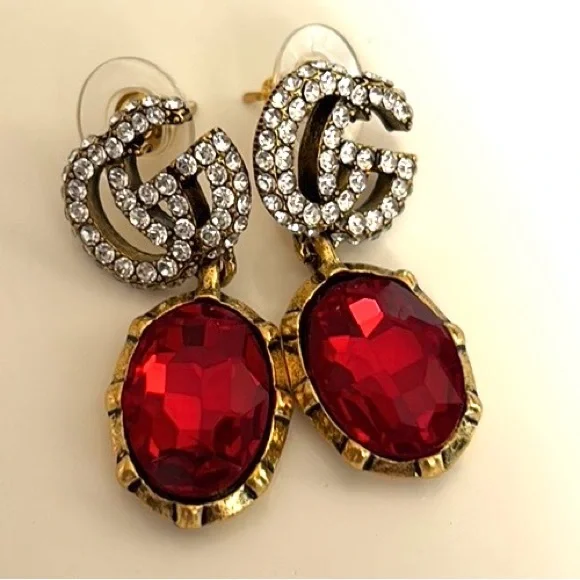 'ANTIQUE' STYLE RED OR BLUE DROP EARRINGS W RHINESTONE GG IN DESIGNER POUCH. - Picture 4 of 8
